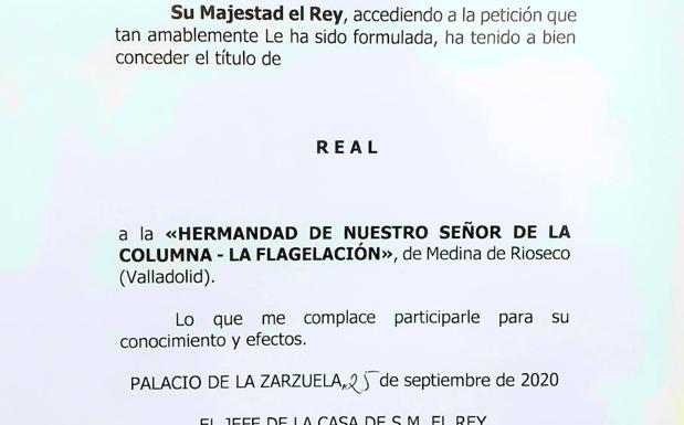 Carta remitidfa desde el palacio de la Zarzuela. 