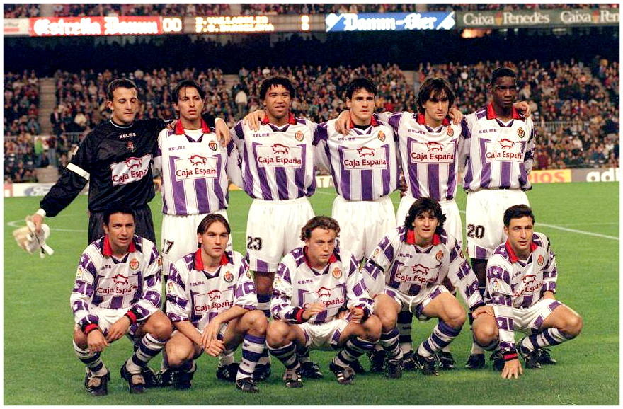 He aquí a los protagonistas de la segunda victoria del Real Valladolid en el Camp Nou. De pie: César, Peña, Benjamín, García Calvo, Santamaría y Harold Lozano. Agachados: Eusebio, Chema, Peternac, Víctor y Marcos.