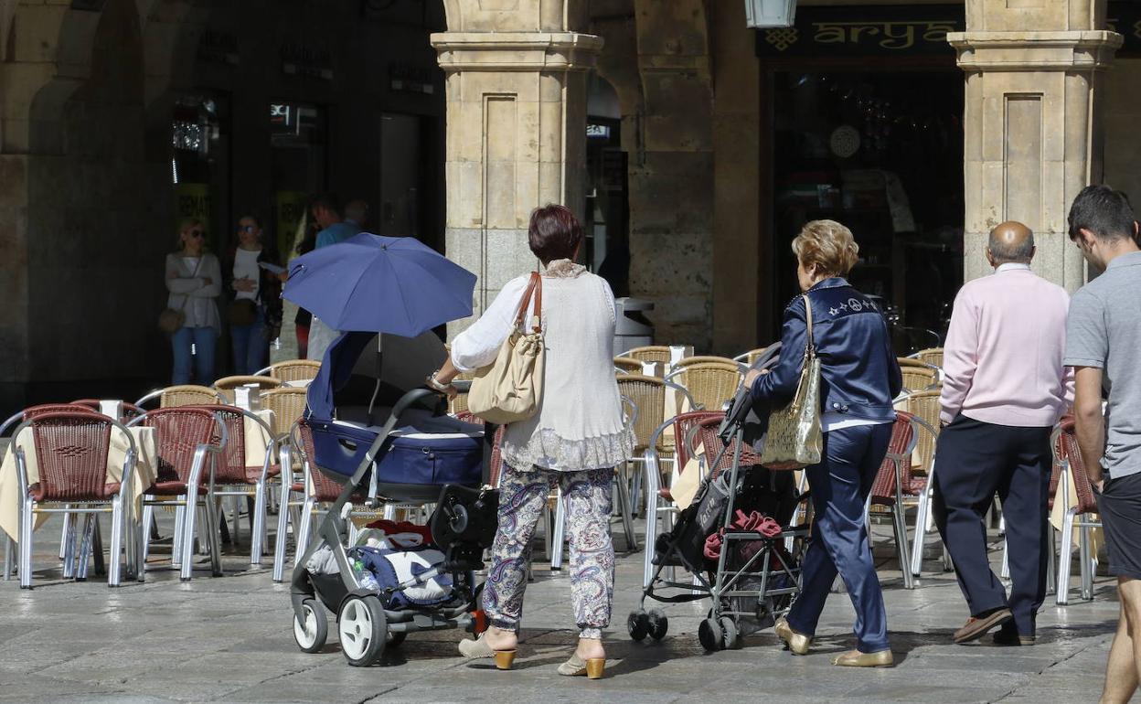 os mujeres pasean con carritos de bebé.