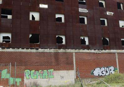 Imagen secundaria 1 - Arriba, el Palacio der Congresos de La Faisanera, inacabado; abajo a la izquierda, detalle del abandono que sufre el esqueleto del que iba a ser un hotel; y a la deercha, una mujer camina por la zona de viviendas de Quinta Real. 