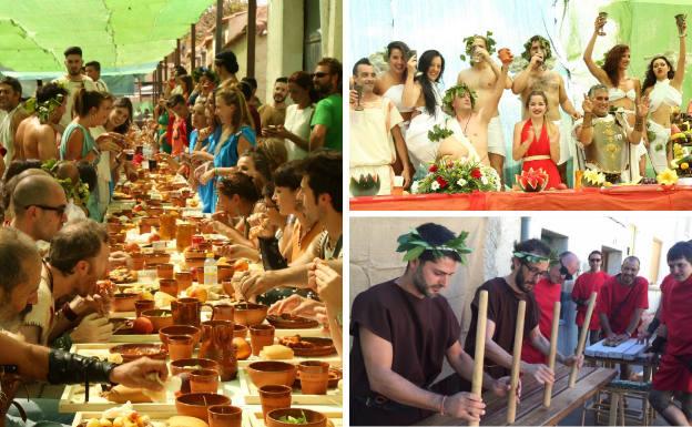 Ala izquierda, multitudinaria comida ambientada en el glorioso pasado de Baños de Valdearados. A la derecha, brindis y recreación de un taller durante la Fiesta Romana.