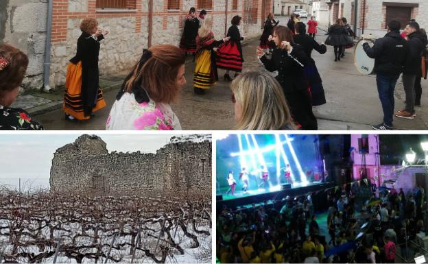 Arriba, fiesta de Las Águedas. Debajo, viñas centenarias y verbena popular durante las fiestas.