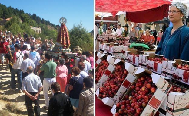 Romería de la Virgen de Mamblas y uno de los puestos del Mercado de la Cereza.