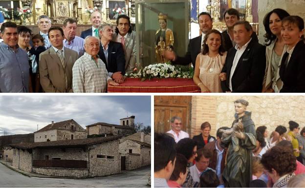 Arriba, varios vecinos junto a Nuestra Señora de Aldeasoña, hallada en el año 2012.Debajo, vista parcial del pueblo y los fieles ante San Antonio.