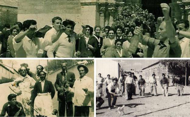 Arriba, procesión de San Juan en Arroyo en 1950. Debajo, vecinos disfrazados con motivo de las fiestas de ese año y carrera de pollos de antaño. 