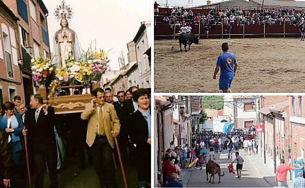 A la izquierda, imagen antigua de la procesión de la Morenita. Al lado, festejo taurino en la plaza y encierro por las calles.