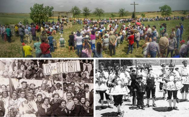 Arriba, misa campera de la romería del pan y el queso en la ermita Cristo de San Felices. Debajo, Los de Becerril y vecinos del pueblo en el festival de danzas de 1939 en la plaza de toros de Palencia.