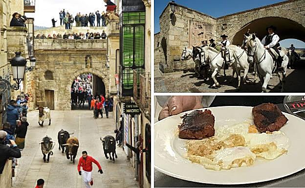 A la izquierda, uno de los encierros del Carnaval del Toro. Al lado, jinetes ataviados con los trajes charros y huevos fritos con farinato.