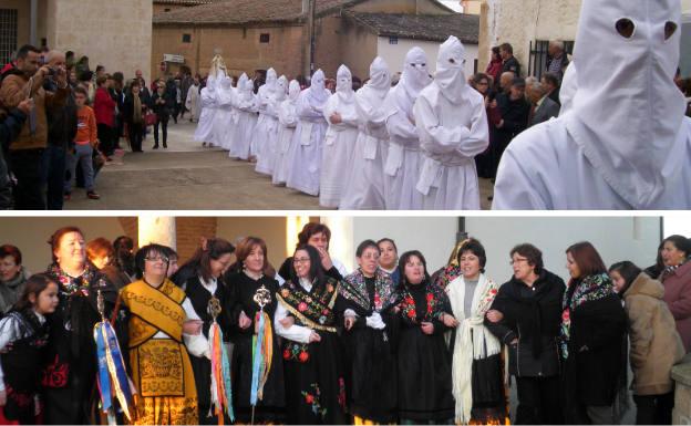 Procesión del Voto de Villarrín de Campos a la Virgen y, debajo, águedas de Pajares de la Lampreana.