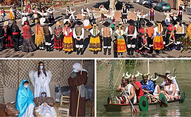 Arriba, 'Entradilla de Cabezón' como recibimiento a los grupos participantes en el Festival Nacional de Folklore, en las fiestas de San José Obrero. Debajo, portal del Belén Viviente y una tripulación vikinga durante el descenso del río en balsa. 