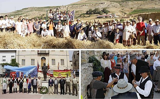 Arriba, participantes en la Fiesta de la Siega de Castrillo de Duero. Debajo, acto de homenaje y entrega de reconocimientos del Círculo Histórico Cultural El Empecinado y cuatro vecinos rememorando cómo eran las partidas de cartas de antaño.
