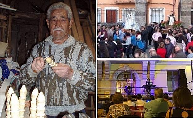 A la izquierda, el artesano local Miguel Cuesta Nebreda, 'El Gitano', elaborando a mano los bolillos de Villanueva de Gumiel. Al lado, procesión con las imágenes portadas a hombros y actuación musical dentro del Verano Cultural.