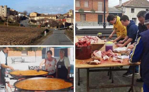 A la izquierda, vista general del pueblo y paella popular durante las fiestas. Al lado, matanza tradicional en la que participa todo el pueblo.