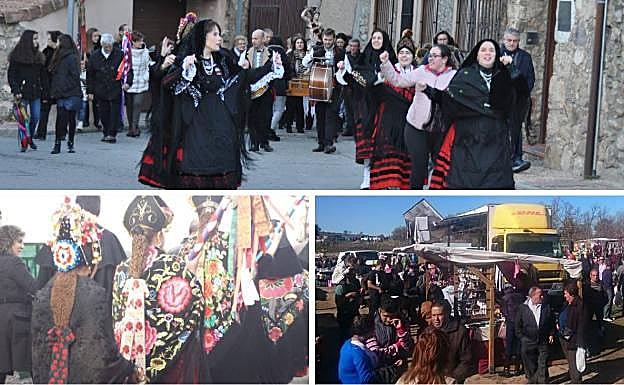 Arriba, procesión de San Sebastián. Debajo, detalles del traje propio de Navafría y ambiente de la Feria de Ganado.