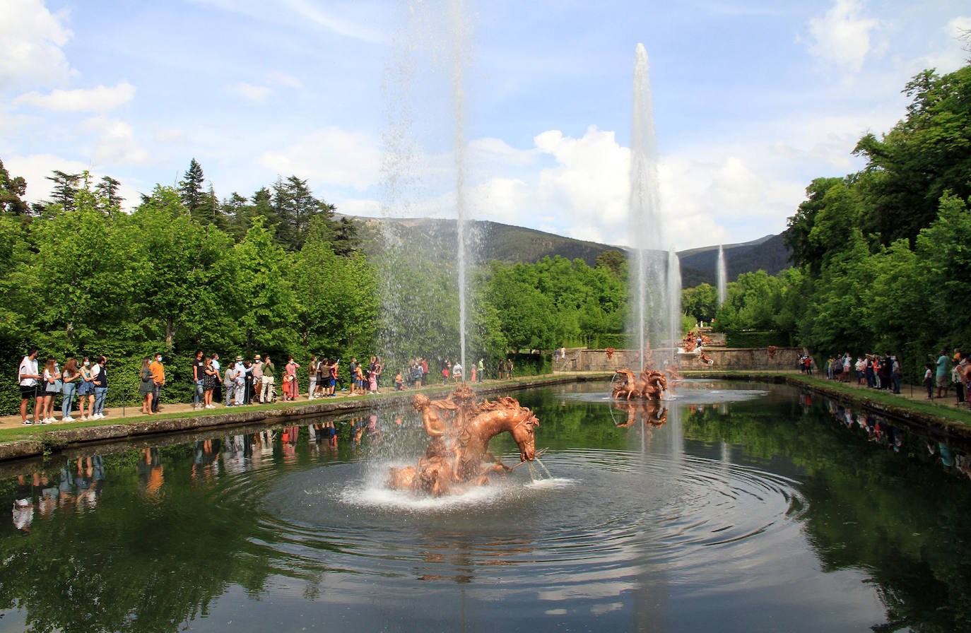 La fuente de las Ranas, en pleno apogeo de su coreografía acuática este domingo en La Granja. 