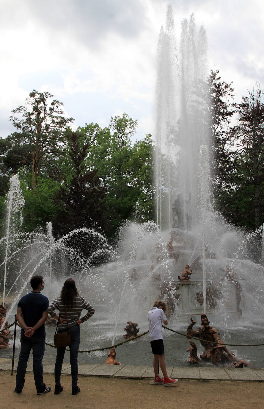 La fuente de las Ranas, en pleno apogeo de su coreografía acuática este domingo en La Granja. 