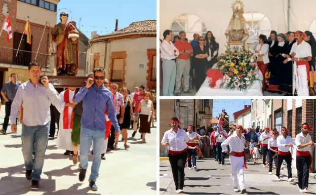 A la izquierda, procesión en honor a San Mamés. Al lado, venta de las andas durante las fiestas de Nuestra Señora de Villaverde y danzantes del grupo local bailando al santo.