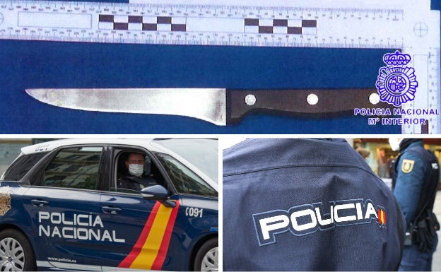 Arriba, el arma blanca que portaba el detenido. Abajo imágenes de archivo de la Policía.