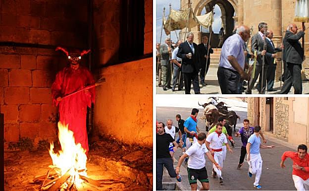 A la izquierda, El Diabillo. Al lado, procesión con motivo de la Misa de Minerva y encierro.