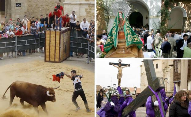 A la izquierda, Toro del Cajón en Paredes de Nava. Al lado, la imagen de la Virgen de Carejas frente a su ermita y procesión de las Siete Palabras en el municipio.