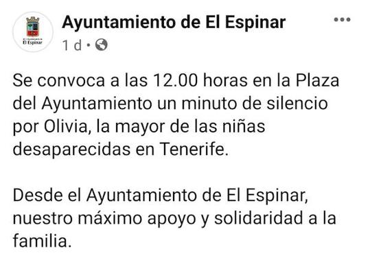 Publicación en el perfil en Facebook del Ayuntamiento de El Espinar de la convocatoria del minuto de silencio que ha desatado la polémica. 