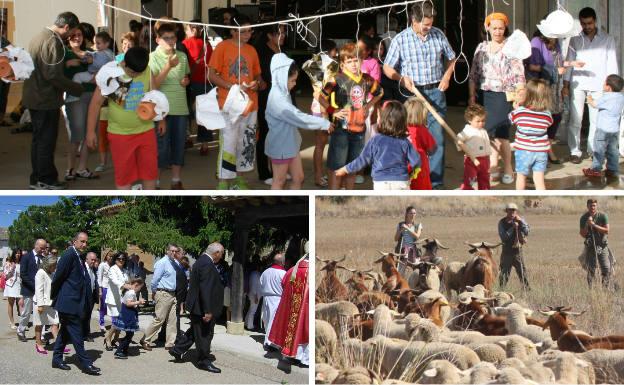 Arriba, los niños participan en las cucañas de las fiestas de San Pedro en Perales. Debajo, procesión de San Pedro y los pastores vigilando el ganado a su paso por la localidad.