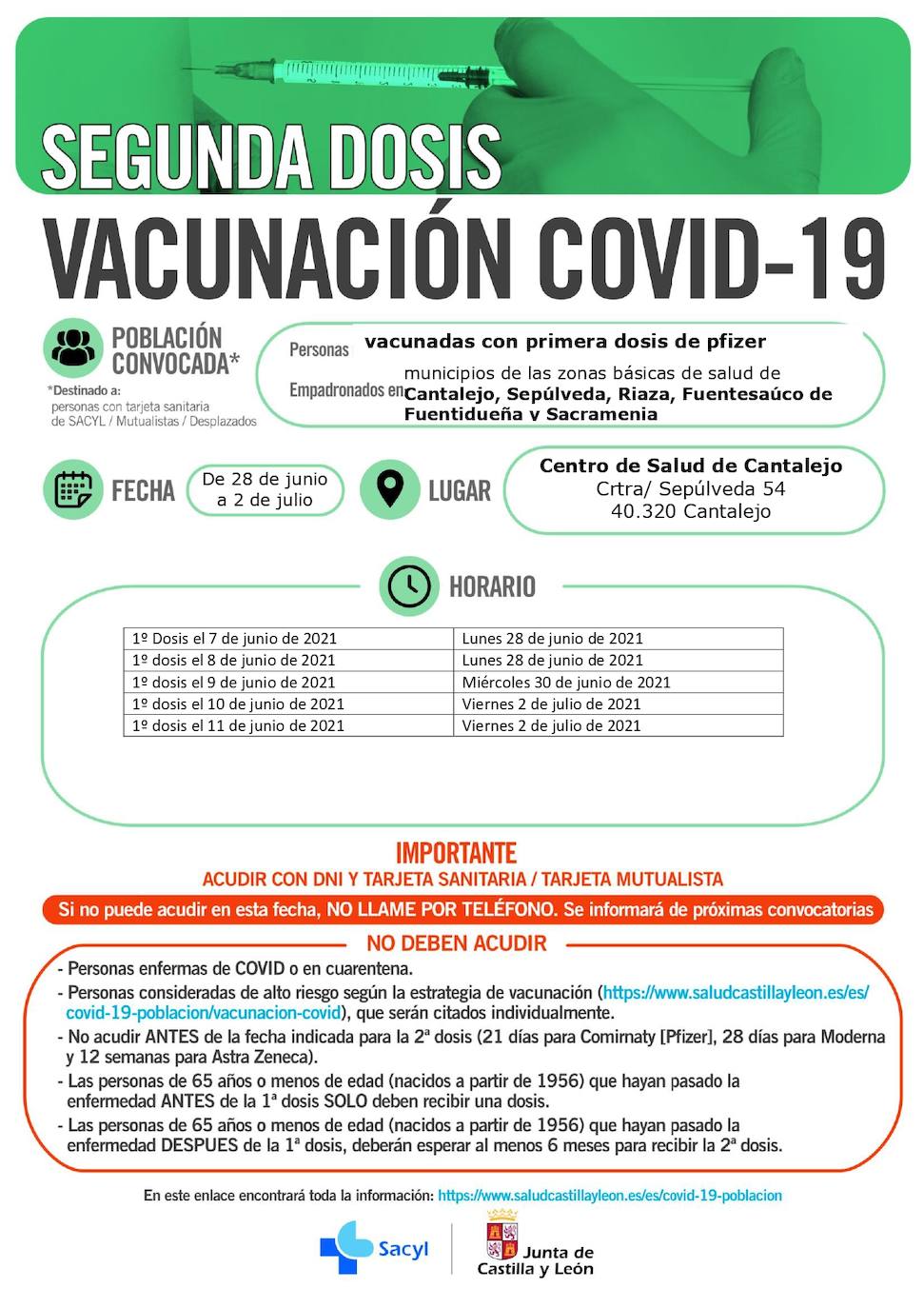 Horarios de vacunación para la próxima semana.