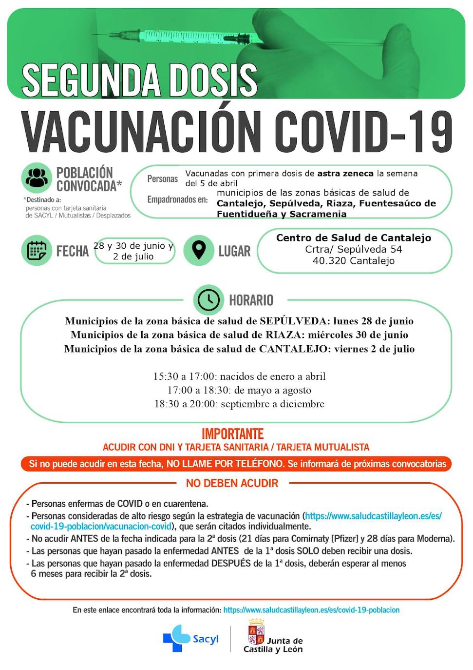 Horarios de vacunación para la próxima semana.