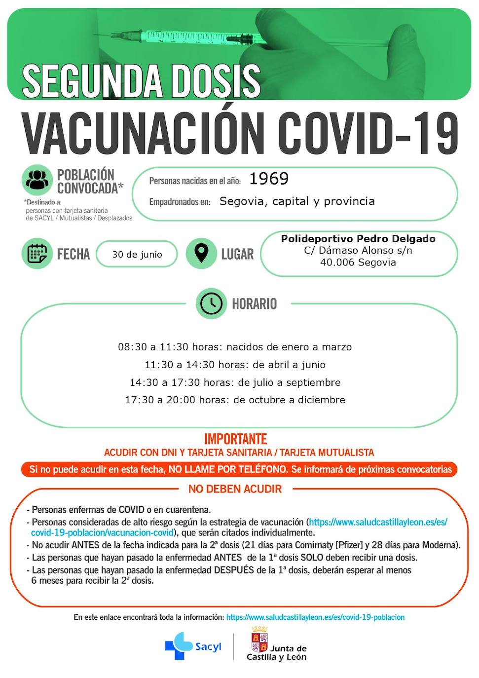 Horarios de vacunación para la próxima semana.