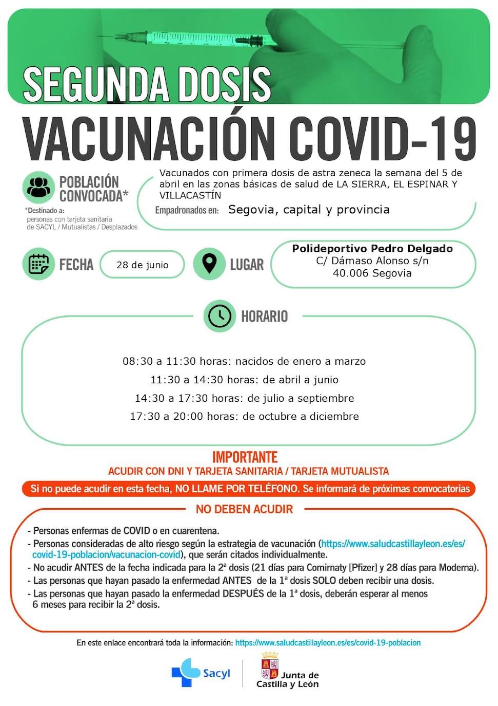 Horarios de vacunación para la próxima semana.