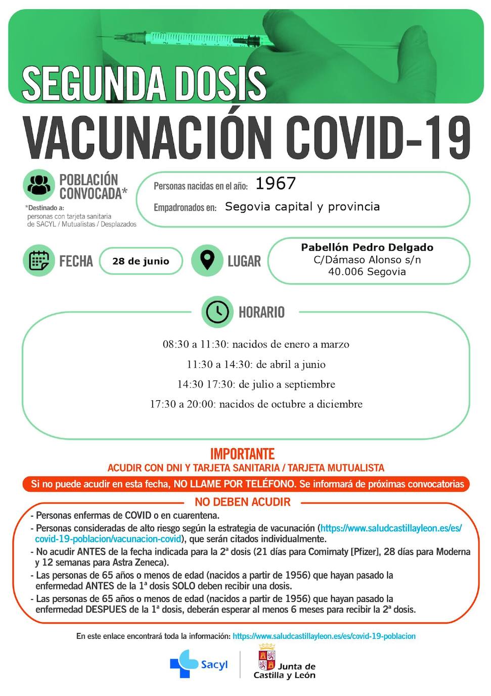 Horarios de vacunación para la próxima semana.