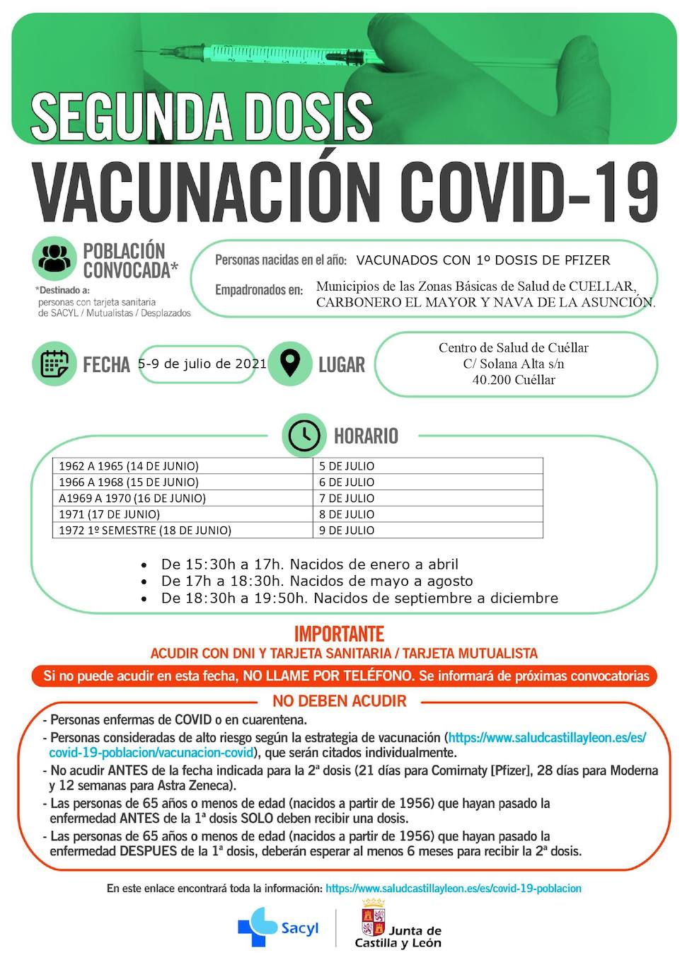 Horarios de vacunación para la próxima semana.