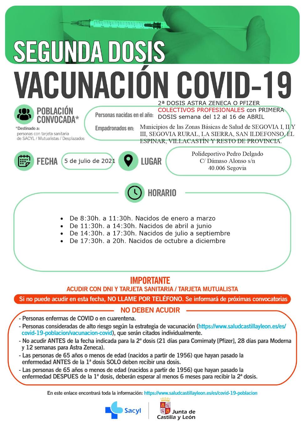 Horarios de vacunación para la próxima semana.