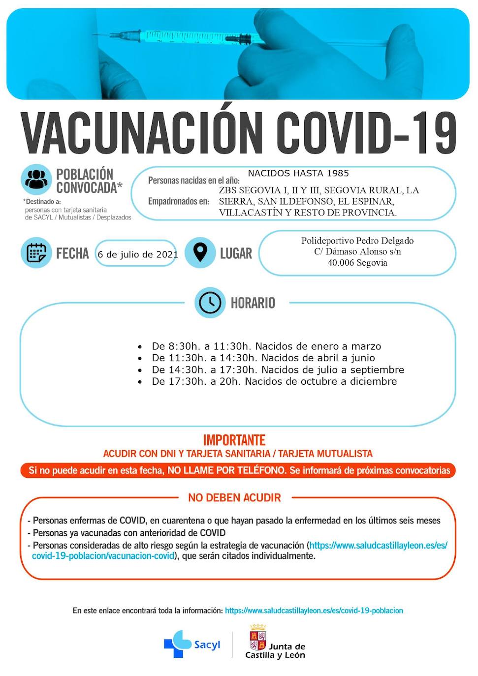 Horarios de vacunación para la próxima semana.