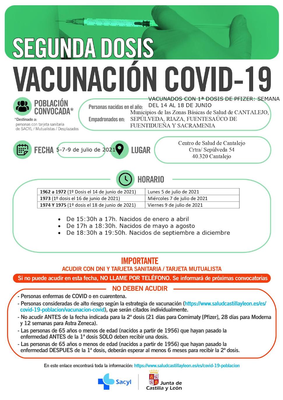 Horarios de vacunación para la próxima semana.