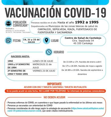 Llamamiento para la semana del 19 de julio para los residentes en las zonas a las que corresponde vacunarse en Cantalejo. 