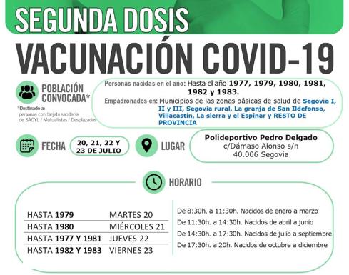 Imagen principal - Arriba, cartel de segundas dosis para los adscritos a las zonas que se vacunan en el Pedro Delgado; abajo a la izquierda, segundas dosis de AstraZeneca la semana que viene en el pabellón; y a la derecha, segundas dosis la semana que viene en Cantalejo.