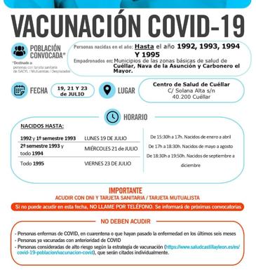 Llamamiento para la semana del 19 de julio para los residentes en las zonas a las que corresponde vacunarse en Cuéllar