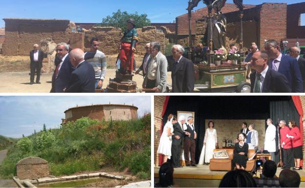 Arriba, San Tirso recorriendo las calles de Valdunquillo el 14 de mayo seguido de la Virgen. Debajo El Capricho, que ha sido caño de agua, lavadero y bebedero, y el grupo de teatro del mismo nombre.