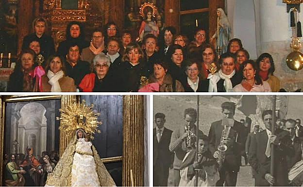 Arriba, celebración en honor de Santa Águeda. Debajo, la Virgen de los Perales y procesión de la Fiesta de los Pastores en los años sesenta, que se celebraba una semana después de la fiesta de la patrona.