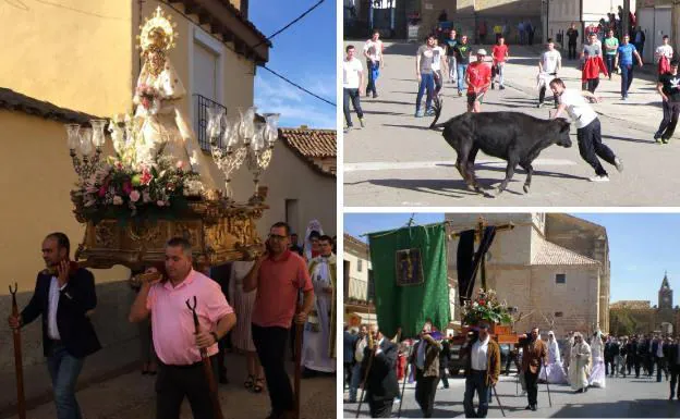 A la izquierda, la Virgen del Rosario. Al lado, encierro urbano y procesión de la Santa Cruz.
