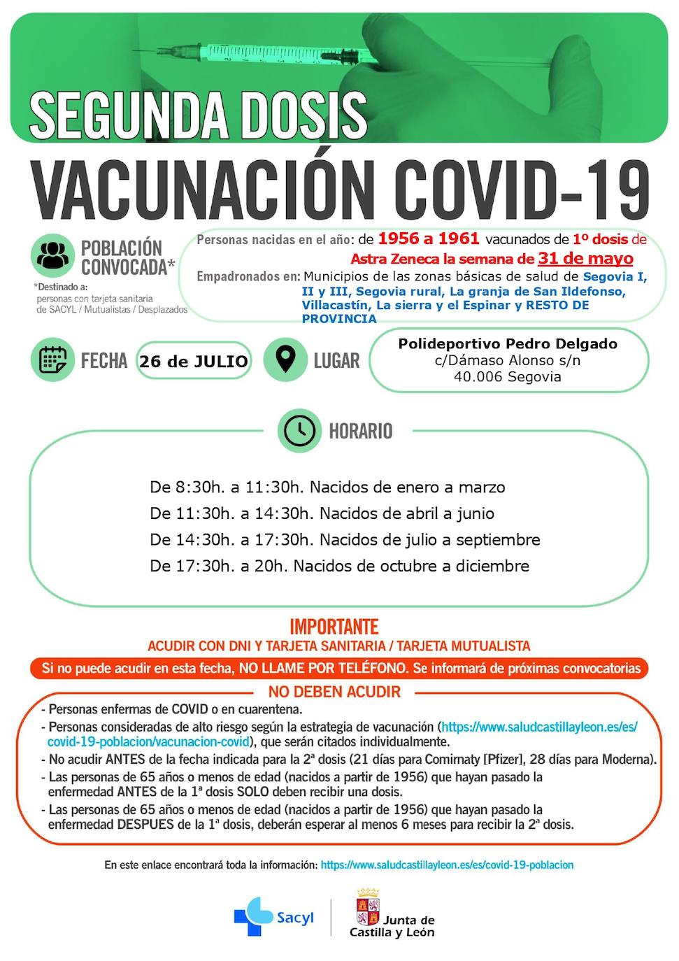 Horarios de vacunación para la próxima semana.