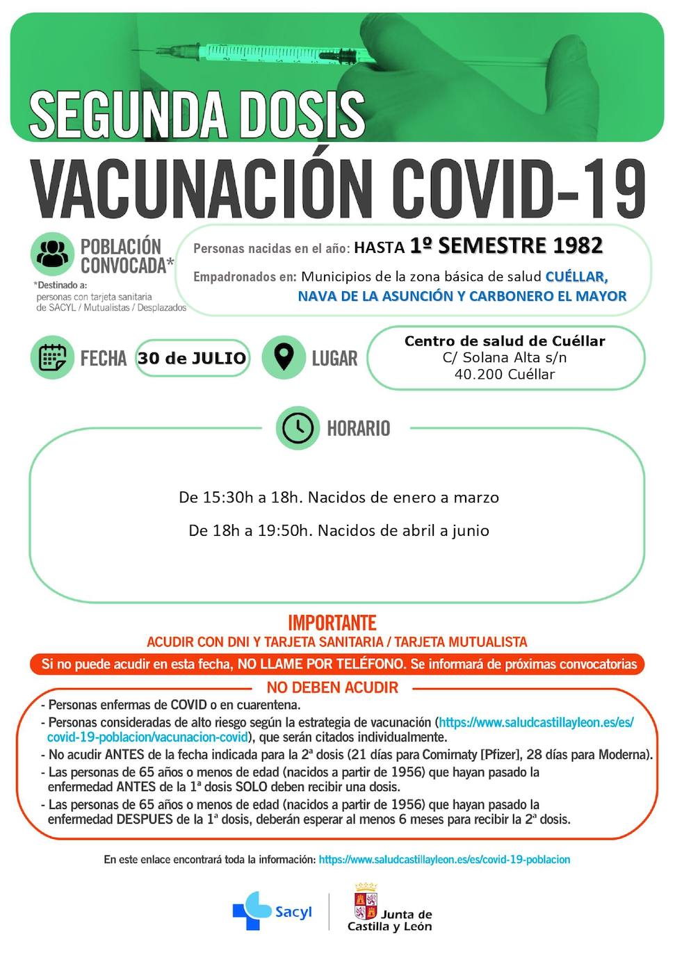 Horarios de vacunación para la próxima semana.