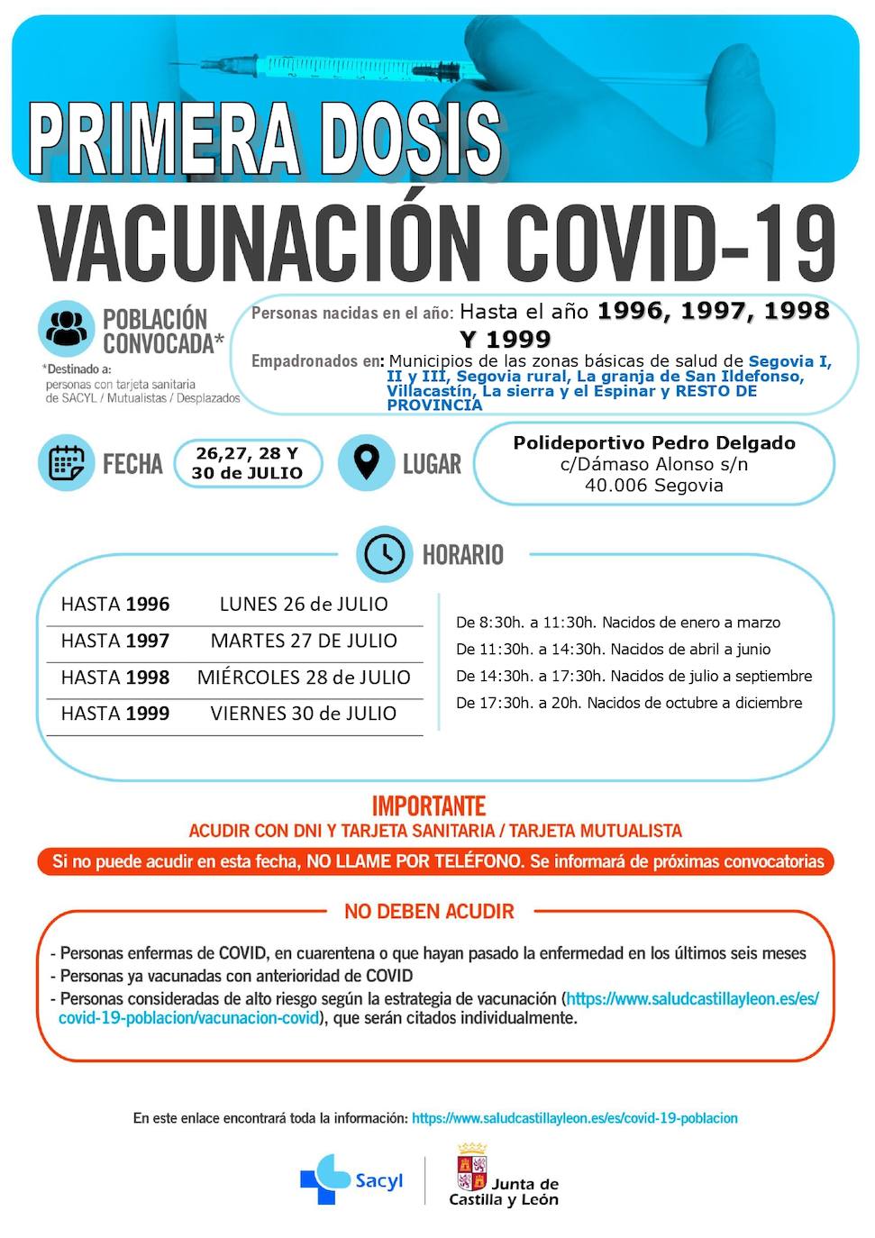 Horarios de vacunación para la próxima semana.