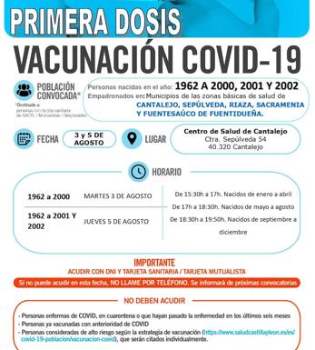 Llamamiento para la vacunación a los nacidos entre 2000 y 2002 en el centro de Cantalejo.