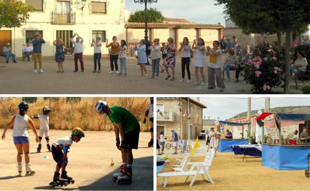 Arriba, jóvenes y mayores disfrutan durante las fiestas patronales. Debajo, taller de patines y la plaza engalanada con motivo de la Semana Cultural.