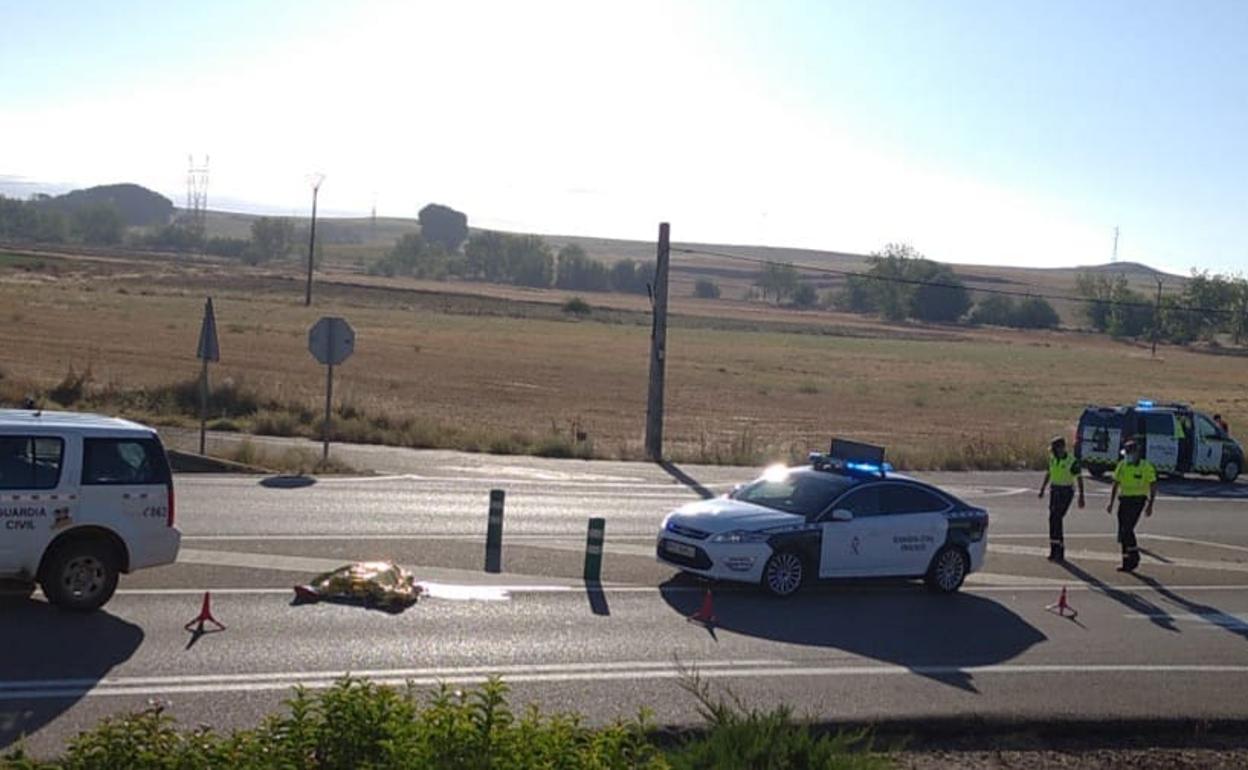 Los agentes inspeccionan el lugar del atropello junto al cuerpo de la víctima, en el cruce de la N-601 en Becilla. 