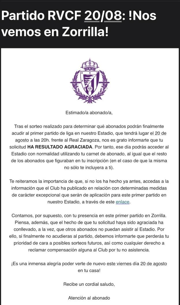 Correo remitido por el Real Valladolid a los 10.000 abonados que podrán asistir este viernes a Zorrilla.