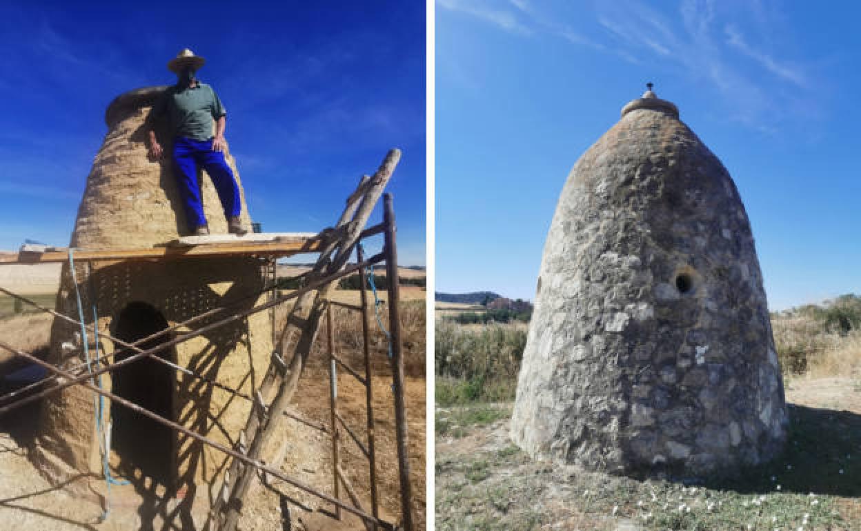 José Manuel Correjes posa subido al andamio del último chozo construido y, a la derecha, el que hizo en 2005..