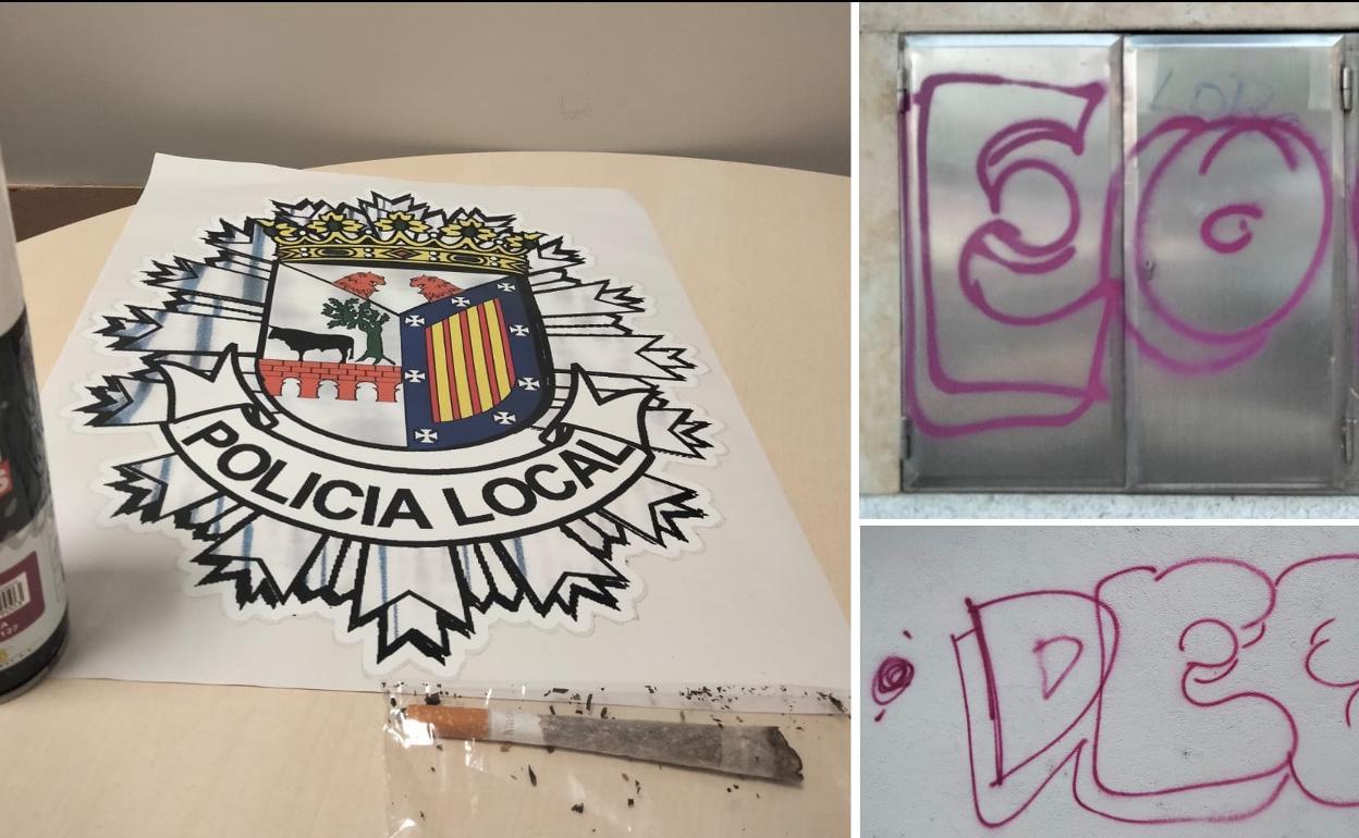 Pintadas y material interceptado por la Policía Local al grafitero ayer. 